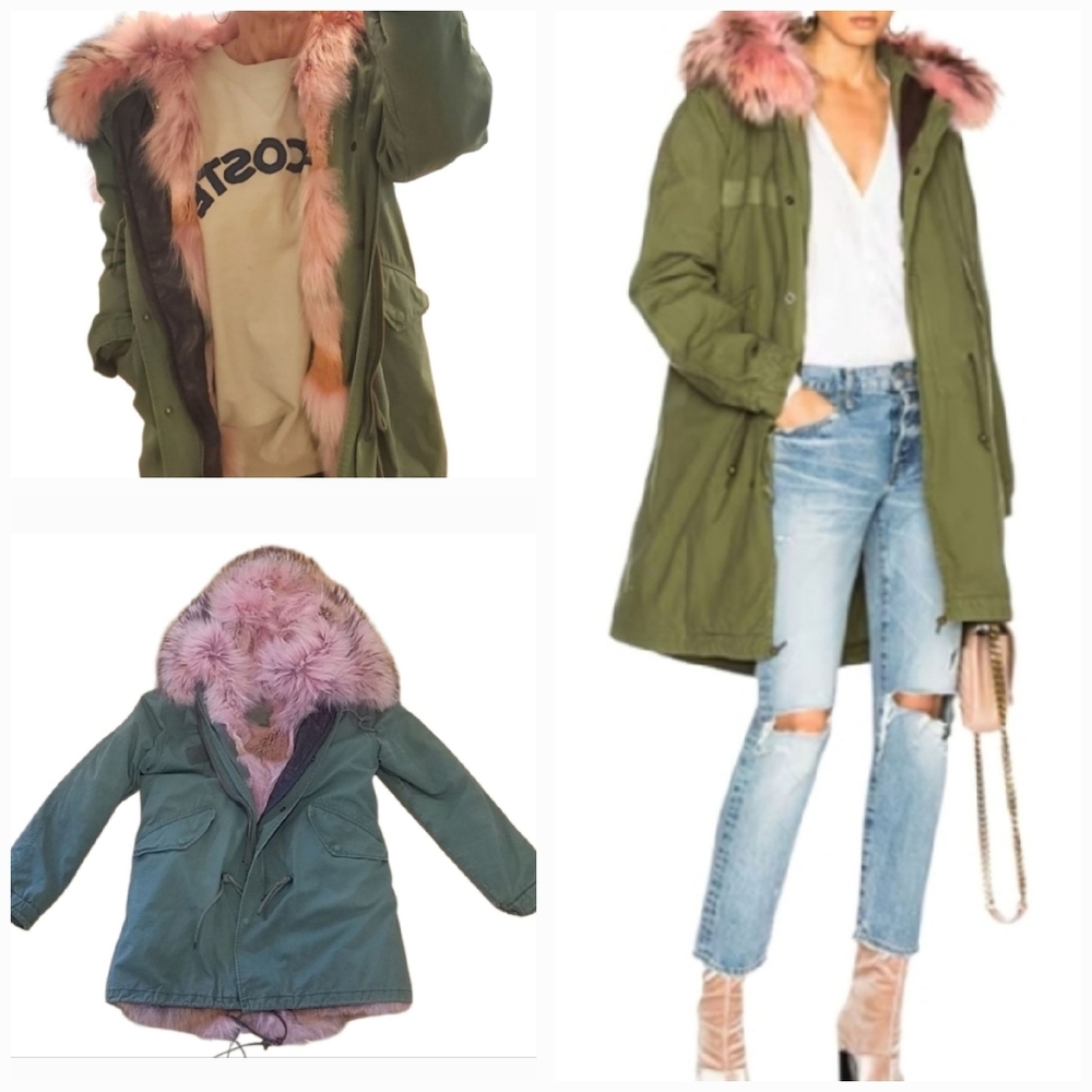 Mr & Mrs Italy PINK Raccoon & Coyote Fur Khaki Parka Coat Jacket XL